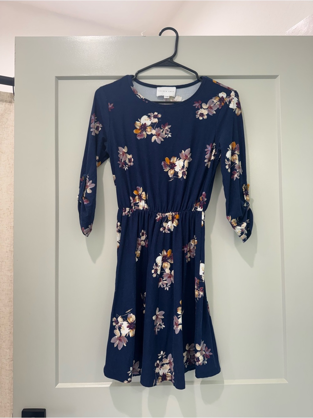 French Grey Navy Floral Elastic-Waist Long Sleeve Dress
